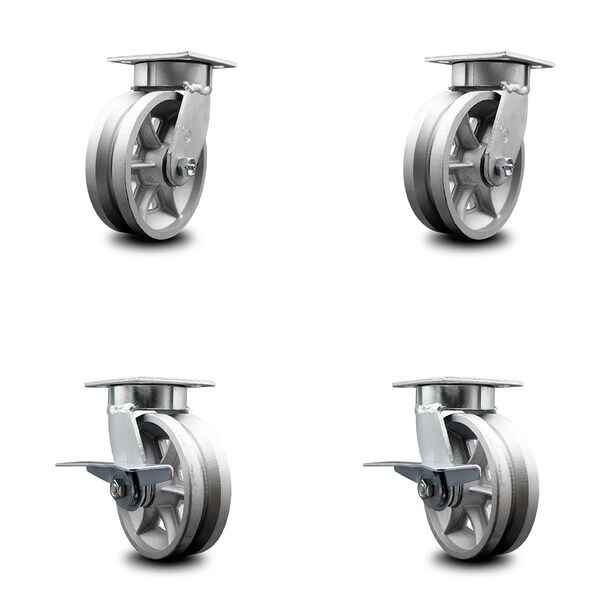 6 Inch Kingpinless V Groove Semi Steel Wheel Swivel Caster Set with 2 Brakes SCC